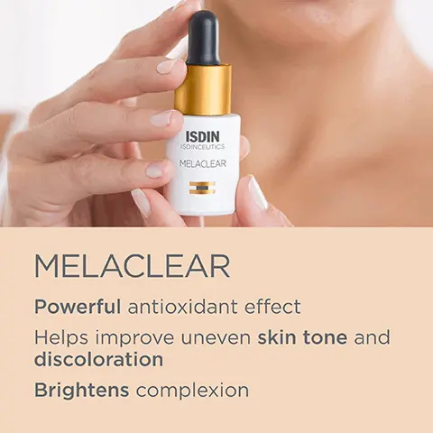 Image 1, melaclear, powerful antioxidant effect, helps improve uneven skin tone and discoloration, brightens complexion. Image 2, melaclear, water like serum. Image 3, melaclear, suitable for all skin types, fragrance free, sulfate free. Image 4, melaclear, before and after day 90, visibly reduces dark spots after 90 days of use. Image 5, melaclear, ROS modulator system, reduces oxidative stress, vitamin c = antioxidant, phytic acid = evens skin tone. Image 6, melaclear, apply a few drops of serum onto the palm of your hand. gently massage onto the face avoiding the eye area. Image 7, melaclear, consumer review= suggested by my dermatologist, i can't get over how great this makes my skin feel.