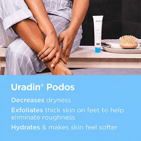 Image 1, Uradin Podos, decreases dryness, exfoliates thick skin on feet to help eliminate roughness, hydrates and makes skin feel softer. Image 2, Fast-absorbing, lightweight formula, non-greasy, gel-oil texture. Image 3, After 4 weeks of nightly use, users reported 95% a reduction in roughness, 95% a reduction in cracking- data on file ISDIN Corp, 2022, Morristown, NJ, Consumer perception. Image 4, Before and after image, visible results in two weeks. (image shows reduction in dry skin and cracking on day 14). Image 5, 10% Urea Promotes optimal hydration, hyaluronic acid repairs dyrness and cracks, lactic acid and bacillus ferment exfoliate. Image 6, Apply twice a day onto clean skin. Once significant improvements have been made, apply once a day to help keep feet hydrated and smooth. Image 7, consumer review- Very effective in reducing cracking and flaking of dry heels. Highly recommend it- Wendy, Uradin Podos fan. Image 7, Uradin Podos, hydrating gel oil.