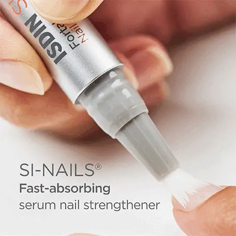 Image 1, SI-NAILS fast absorbing serum nail strengthener. SI-NAILS, Silanediol salicylate promotes silicon. Pistacia lentiscus gum promotes keratin. Cationic hyaluronic acid promotes nail and cuticle hydration. Image 2, Apply to the nail and cuticle, covering the nail edges. Use once a day on dry, bare nails. Image 3, Designed to be both effective and easy-to-use. A treatment choice for patients with nail brittleness- DR.Bianca Maria Piraccini, M.D., pH.D. Image 4, Before and after image- Visible results in 14 days with twice-daily use- data on file ISDIN Corp, 2022, Morristown, NJ. Image 5, After 4 weeks users said their nails were 100% smoother, 93% more attractive, 93% less brittle.