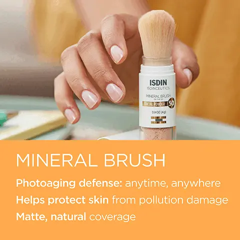 Image 1, Mineral brush. Photoaging defense: anytime, anywhere. Helps protect skin from pollution damage. Matte, natural coverage. Image 2, Mineral Brush 100% mineral powder, can be used over makeup. Image 3, Mineral brush facial powder. Image 4, Titanium dioxide, zinc oxide and iron oxide. Protect against free radical damage from pollution, blue light and infrared radiation. Image 5, What consumers say- 93% offers natural coverage over makeup. 87% provides a matte finish. 87% leaves skin feeling soft and silky. 87% doesn't feel heavy on skin. Image 6, move the brush in circles on your hand to start the flow. Sweep the powder over face and neck. Image 7, Mineral brush is always in my bag. It's perfect for on-the-go reapplication in the car or on the golf course- Jessica Korda, Pro Golfer