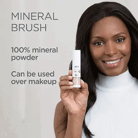 Image 1, Mineral brush. Photoaging defense: anytime, anywhere. Helps protect skin from pollution damage. Matte, natural coverage. Image 2, Mineral Brush 100% mineral powder, can be used over makeup. Image 3, Mineral brush facial powder. Image 4, Titanium dioxide, zinc oxide and iron oxide. Protect against free radical damage from pollution, blue light and infrared radiation. Image 5, What consumers say- 93% offers natural coverage over makeup. 87% provides a matte finish. 87% leaves skin feeling soft and silky. 87% doesn't feel heavy on skin. Image 6, move the brush in circles on your hand to start the flow. Sweep the powder over face and neck.