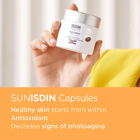 Image 1, Healthy skin starts from within. Antioxidant. Decrease signs of photoaging.  Image 2, After 12 weeks, users said 93% my skin is more luminous, 93% my skin is firmer, 83% my skin is brighter, 66% my skin looks younger. Image 3, SUNISDIN Capsules, Polypodium Leucotomos Leaf Extract, 60mg, equivalent to 480mg of polypodium leucotomos whole leaf). Green Tea Leaf Extract, 50mg. Grapeseed Extract, 10mg. Vitamin C, 41 mg. Vitamin E, 13 mg. Selenium, 42 mcg. Lutein, 8mg. Lycopene, 9mg. Vitamin A (as Betacarotene) 400 RAE. Vitamin D3. 5mcg. Image 4, Take one SunISDIN capsule every morning. Swallow with plenty of water and don't chew. Image 5, Supplement Facts, sevring size- 1 capsule. Servings per container- 30. Total calories- amount per serving- 5 calories. Cholesterol 7mg (% daily value- 2%). Vitamin A (as Beta-carotene) 400 RAE (44%). Vitamin C (as Ascortic Acid) 41mg (46%). Vitamin D3 (as Cholecalciferol) 5mcg (25%). Vitamin E (as D-alpha Tocopherol) 13mcg (87%). Selenium (as Sodium Selenite) 42mcg (76%). Polypodium leucotomos Leaf Extract 60mg. Green Tea Leaf Extract 50mg. Grapeseed Extract 10mg. Lycopene 9 mg. Lutein (Marigold Flower Extract) 8mg. 