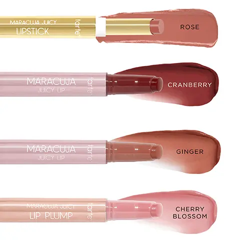 Image 1, swatches of the lip set, shades = rose, cranberry, ginger and cherry blossom. Image 2 and 3, models with different skin tones wearing the shades, juicy lip balm in cranberry, ginger, cherry blossom and rose.  Image 3, 
