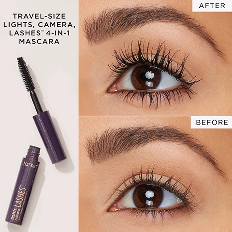 travel sized, lights, camera, lashes 4 in 1 mascara before and after