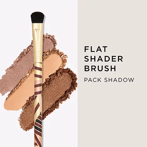 Image 1, flat shader brush, pack shadow. Image 2, angled cheek brush. Image 3, large powder brush, set makeup. Image 4, dome complexion makeup, buff and blend. Image 5, fluffy shadow brush, create definition.