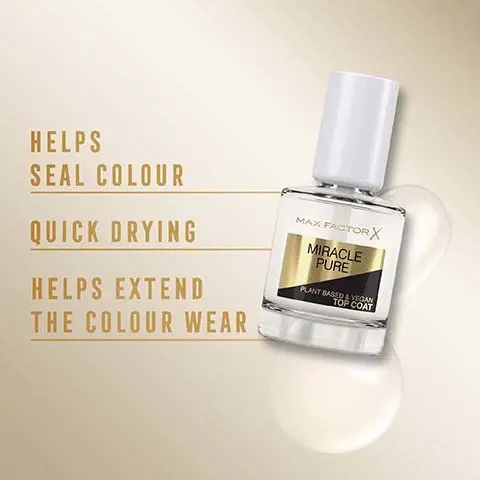 Image 1, helps seal colour, quick drying helps extend the colour wear. Image 2, achieve a high shine finish. Image 3, began-plant based formula, 85% bio sourced ingrediemts, 77% natural origin ingredients. Image 4, try our ultimate miracle pure nail care routine. Image 5, easy and streak free application - vegan curved brush.