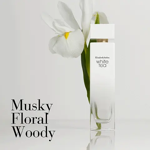 Image 1, musky floral woody. Image 2, key notes = top - clary sage, heart - white iris, base - trio of musks. Image 3, wear alone or layer = White tea eau de tiolette spray and white tea pure indulgence body cream. Image 4, find your moment