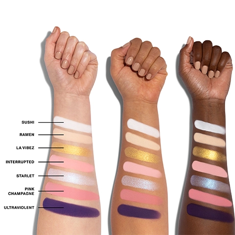 Model arm swatch of all the shades in the palette that includes the following: sushi, ramen, a vibez, interrupted starlet, pink champagne and ultraviolent