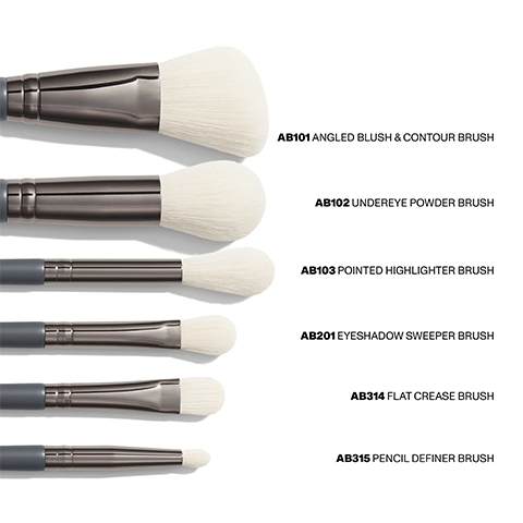 Imagery containing all various brushes in the set that includes the following: A angled blush and contour brush, undereye powder brush, pointed highlighted brush, eyeshadow sweeper brush, flat crease brush and a pencil definer brush
