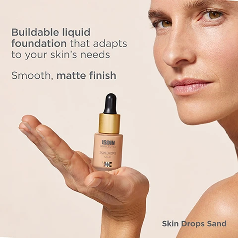 Image 1, buildable liquid foundation that adapts to your skin's needs, smooth matte finish. image 2, full coverage, long lasting up to 12 hours. image 3, shake before use, dispense 1 or more drops into your palm, apply with fingers or a beauty blender.