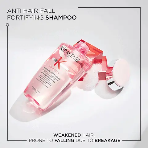 Image 1 - Anti hair-fall fortifying shampoo, weakened hair, prone to falling due to breakage. Image 2- Fortifying conditioner, weakened hair, prone to falling due to breakage. Image 3- Genesis, 98% less breakage, +1% fiber diameter, 24h anti frizz, +49% softer hair and +89% nourished hair. Image 4- Before and after model shot. Image 5- Ginger root extract, edelweiss native cells and aminexil