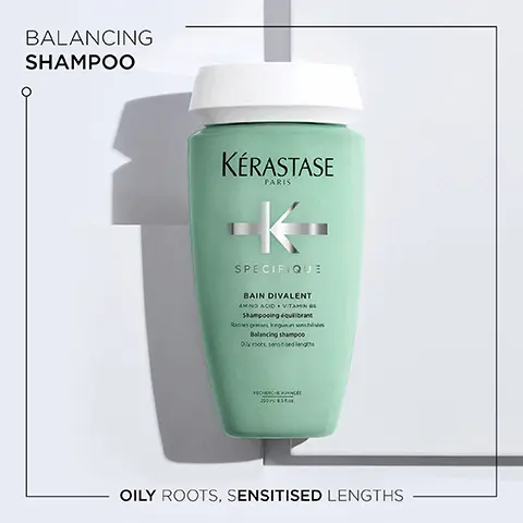 Image 1 - Balancing shampoo, oily roots, sensitised lengths. Image 2- Intense rehydrating gel masque system, sensitized and dehydrated lengths. Image 3- Divalent, +82% hydrated and nourished hair, +50% softness, +92% volume and +60% shinier hair. Image 4- Vitamins, menthol and amino acid