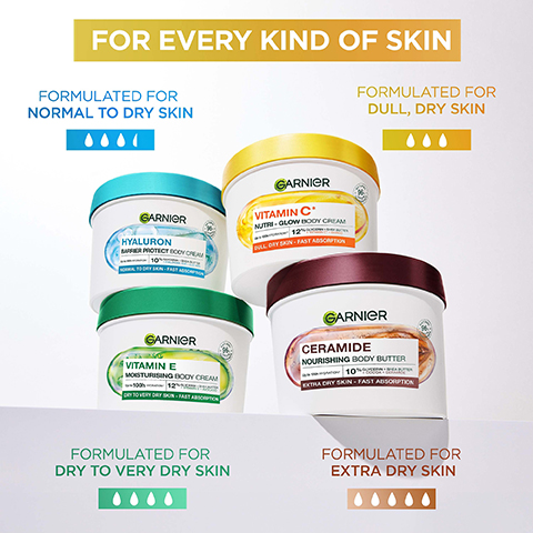 Four Garnier body cream tubs, white with light blue, yellow, green, and brown lids, are displayed on a white background, featuring the text FOR EVERY KIND OF SKIN, and products including GARNIER HYALURON BARRIER PROTECT BODY CREAM 10% HYALURON + PROBIOTIC EXTRACT NORMAL TO DRY SKIN - FAST ABSORPTION FORMULATED FOR NORMAL TO DRY SKIN, GARNIER VITAMIN C+ NUTRI-GLOW BODY CREAM 12% VITAMIN C + NIACINAMIDE + SHEA BUTTER DULL, DRY SKIN - FAST ABSORPTION FORMULATED FOR DULL, DRY SKIN, GARNIER VITAMIN E MOISTURISING BODY CREAM 100% PURE ALOE VERA + 12% GLYCERIN + VITAMIN E DRY TO VERY DRY SKIN - FAST ABSORPTION FORMULATED FOR DRY TO VERY DRY SKIN, and GARNIER CERAMIDE NOURISHING BODY BUTTER 10% GLYCERIN + CERAMIDE + SHEA BUTTER EXTRA DRY SKIN - FAST ABSORPTION FORMULATED FOR EXTRA DRY SKIN.