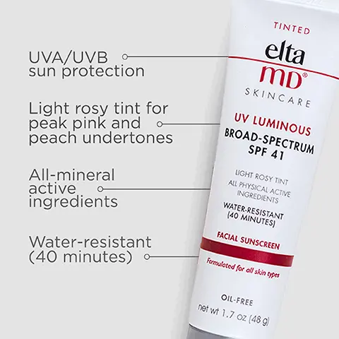 Image 1, UVA/UVB sun protection, lightly tinted mineral formula, wear under makeup or alone, water resistant (40 minutes). Image 2, number 1 dermatologist recommended, trusted, personally used. professional sunscreen brand. Image 3, formulated with linoleic acid to help diminish the visible signs of aging. Image 4, swatches of the shades: UV daily, UV clear, UV elements, UV glow, UV physical, UV luminous, UV restore. Image 5, think zinc oxide natural mineral compound that works as a sunscreen agent by reflecting and scattering UVA and UVB rays. Image 6, active ingredients 9% zin oxide 7.2% titanium dioxide. Image7, Trusted by Dermatologists. Loved by skin. For over 30 years, EltaMD has been creating innovative products that cater to all skin types and conditions, from cosmetically elegant sunscreen to skincare that repairs and rejuvenates skin. Image 8, complete your regimen