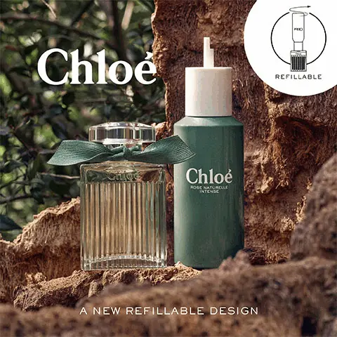 Image 1, Chloe A new refillable design. Image 2, Chloe, Rose Naturelle Intense. New 150ml refill format made of 100% recycled aluminium. Designed to have a lower impact o the environment. Compatible with 100ml bottles. Image 3, Helps to reduce up to 65% greenhouse gas emissions. 67% water consumption. 66% energy consumption. 75% mineral resources consumption. Life cycle assessment conducted by third-party comparing 1x100ml refillable bottle + 1 x 150ml refill vs 5 x 50ml. Fossil fuels and uranium. Image 4, Chloe Rose Naturelle Intense How to refill your 100ml bottle. Diagram shows removing the perfume top, twisting the refill into the perfume bottle to refill and then removing to replace the original perfume cap.
