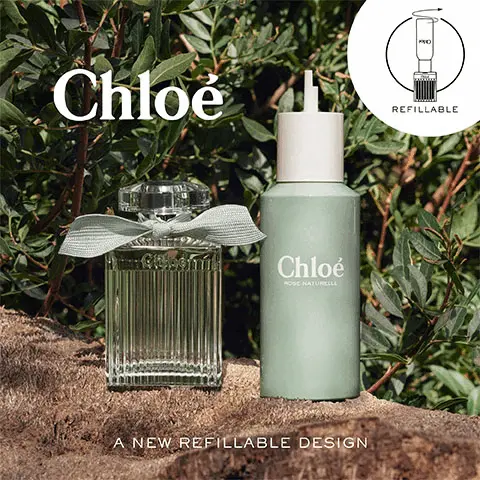 Image 1, Chloe A new refillable design. Image 2, Chloe, Rose Naturelle Intense. New 150ml refill format made of 100% recycled aluminium. Designed to have a lower impact o the environment. Compatible with 100ml bottles. Image 3, Chloe Rose Naturelle Intense How to refill your 100ml bottle. Diagram shows removing the perfume top, twisting the refill into the perfume bottle to refill and then removing to replace the original perfume cap.