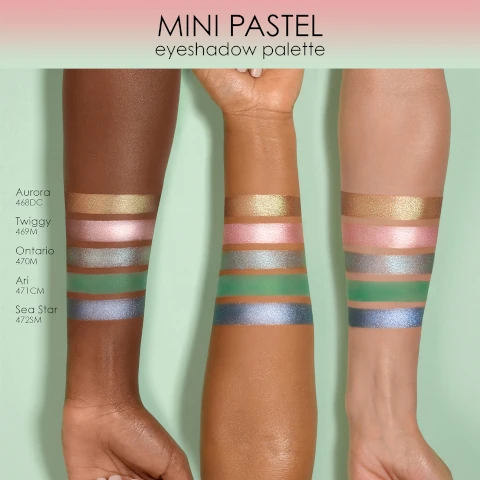 mini pastel eyeshadow palette swatches on three different skin tones, aurora, twiggy, ontario, ari and sea star