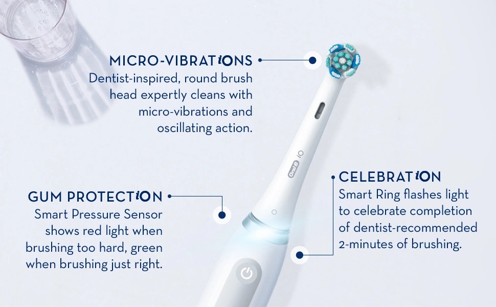 Dentist-inspired, round brush head expertly cleans with micro-vibrations and oscillating action. GUM PROTECTION
                                  Smart Pressure Sensor shows red light when brushing too hard, green when brushing just right. CELEBRATION 
                                  Smart Qing flashes light to celebrate completion of dentist-recommended 2-minutes of brushing.