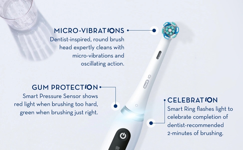 Dentist-inspired, round brush
                                  head expertly cleans with
                                  micro-vibrations and
                                  oscillating action.
                                  GUM PROTECTION
                                  Smart Pressure Sensor shows
                                  red light when brushing too hard,
                                  green when brushing just right.
                                  CELEBRATION
                                  Smart Ring flashes light to
                                  celebrate completion of
                                  dentist-recommended
                                  2-minutes of brushing.