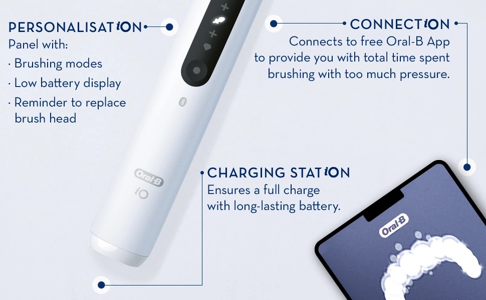 PERSONALISATION—.
                                  Panel with:
                                  -Brushing modes
                                  -Low battery display
                                  -Reminder to replace
                                  brush head
                                  Connects to free Oral-B App
                                  to provide you with total time spent
                                  brushing with too much pressure.
                                  CHARGING STATION
                                  Ensures a full charge
                                  with long-lasting battery.