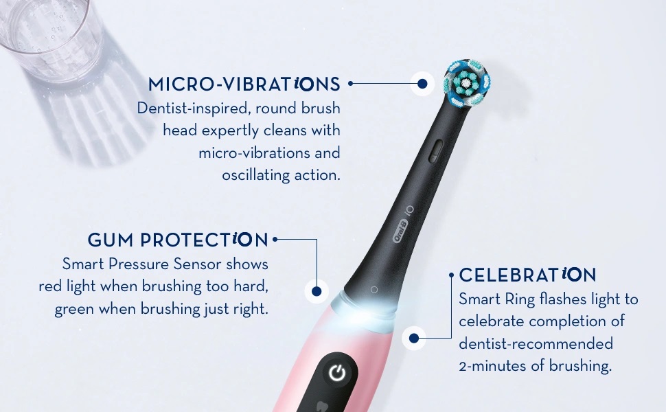 Dentist-inspired, round brush head expertly cleans with micro-vibrations and oscillating action.
                                  GUM PROTECTION Smart Pressure Sensor shows red light when brushing too hard, green when brushing just right.
                                  CELEBRATION Smart Ring flashes light to celebrate completion of dentist-recommended 2-minutes of brushing.