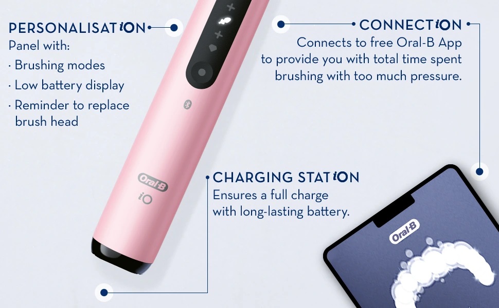 PERSONALISATIONiON
                                  panel with: Brushing modes, Low battery display, Reminder to replace brush head. ConnectiON Connects to free Oral-B App to provide you with total time spent brushing with too much pressure.
                                  CHARGING STATIONiON  Ensures a full charge with long-lasting battery.