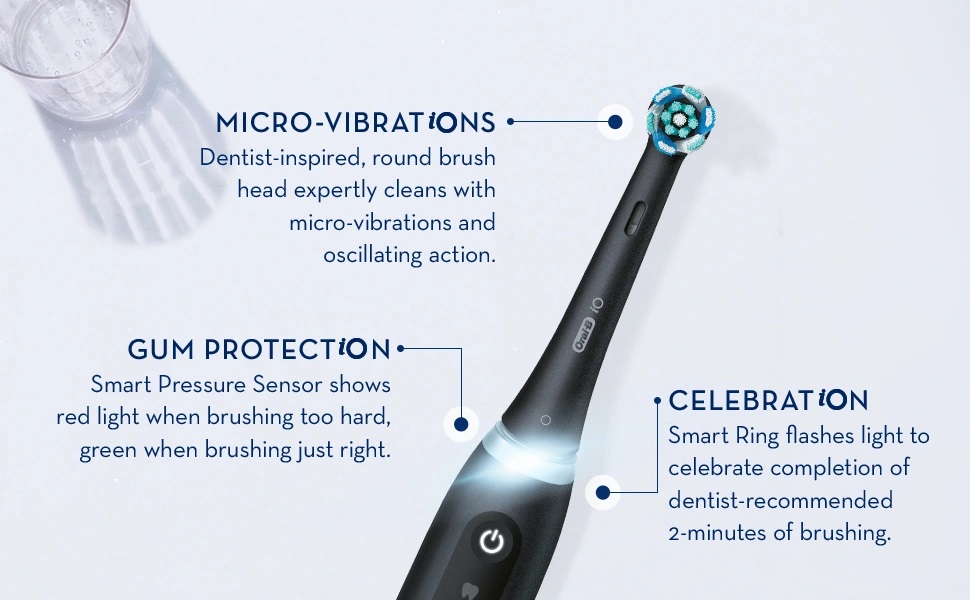 MICRO-VIBRATIONS Dentist-inspired, round brush head expertly cleans with micro-vibrations and oscillating action.GUM PROTECTION Smart Pressure Sensor shows red light when brushing too hard, green when brushing just right.