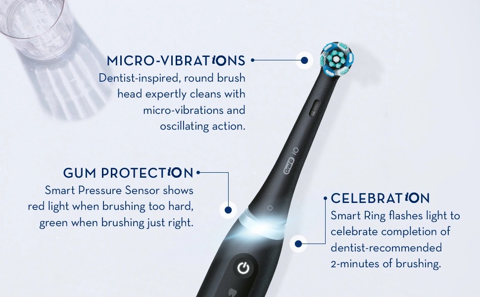 Micro-Vibrations Dentist-inspired, round brush head expertly cleans with micro-vibrations and oscillating action.
                                  GUM PROTECTION, Smart Pressure Sensor shows red light when brushing too hard, green when brushing just right.
                                  CELEBRATION, Smart Ring flashes light to celebrate completion of dentist-recommended 2-minutes of brushing.