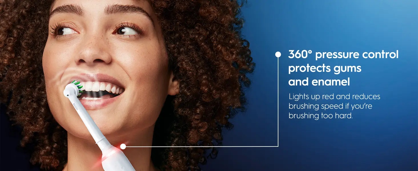 360 degrees pressure control protects gums and enamel. Lights up red and reduces brushing speed if you're brushing too hard.