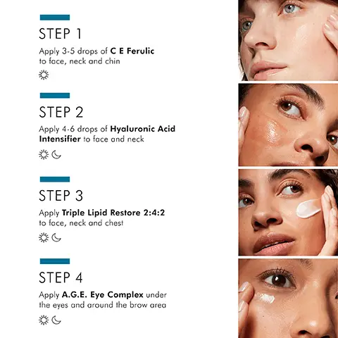 image 1, step 1 = apply 3-5 drops of c e ferulic to face, neck and chin in the morning. step 2 = apply 4-6 drops of hyaluronic acid intensifier to face and neck, morning and night. step 3 = apply triple lipid restore 2:4:2 to face, neck and chest morning and evening. step 4 = apply age eye complex under the eyes and around the brow area morning and night. Image 2, reduces appearance of wrinkles and fine lines