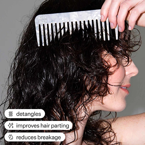 Image 1, detangles, improves hair parting, reduces breakage. Image 2, pro tip use tooth to part hair. Image 3, loved by: goop, forves, coveteaur, elite daily, byrdie.