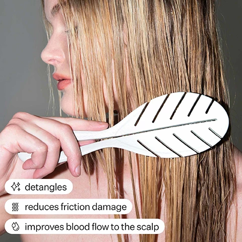 Image 1, detangles, reduces friction damage, improves blood flow to the scalp. Image 2, pro tip detangle ends first, use as scalp massager. Image 3, loved by: goop, forves, coveteaur, elite daily, byrdie.