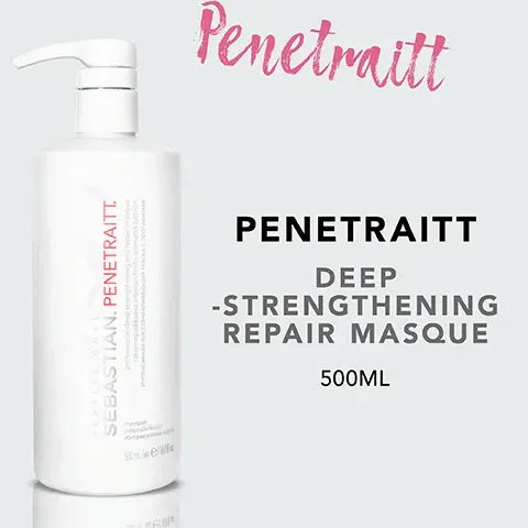 Image 1, penetraitt deep strengthening repair masque 500ml. Image 2, how to use = remove excess water, distribute through the hair, rinse thoroughly. Image 3, combine with penetraitt shampoo and penetraitt conditioner for extra care.