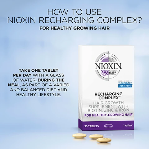 how to use nioxin recharging comples? for healthy growing hair. take one tablet per day with a glass of water, during the meal, as part of a varied and balanced diet and healthy lifestyle.