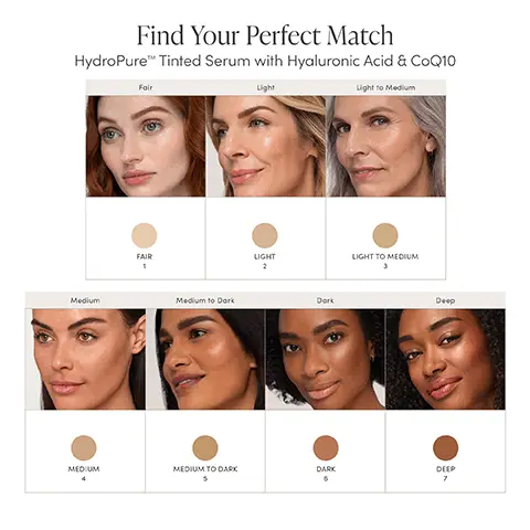 Image 1, Find your perfect match- Hydropure tinted serum with hyaluronic acid and coQ10 foundation chart. Image 2, Skincare makeup system- prep skin for a smooth hydrated convas for makeup. Perfect- Perfect skin with clean high performance foundation. Set- makeup for a flawless long lasting finish.