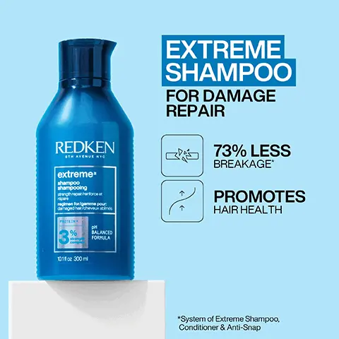 Image 1, extreme shampoo for damage repair, 73% less breakage and promotes hair health. Image 2, Apply to wet hair, massage into a lather and rinse. Image 3, extreme conditioner for damage repair 73% less breakage and detangles and smooths. Image 4, after shampooing apply and distribute through wet hair and rinse. Image 5, EXTREME LEAVE-IN TREATMENT FOR DAMAGE REPAIR 73% REDUCTION IN BREAKAGE STRENGTH REPAIR FOR DAMAGED HAIR *System of Extreme Shampoo, Conditioner & Anti-Snap Image 6,APPLY ALL OVER TO DAMAGED AREAS OF CLEAN, WET HAIR. LEAVE-IN AND STYLE AS USUAL. Image 7," repurchased for years. it is the only reason my hair able to grow past shoulders without snapping lookfantastic verified customer review image 8,great damaged hair. i love redken extreme collection when in need of some tlc 9, damage repair routine shampoo condition and treat