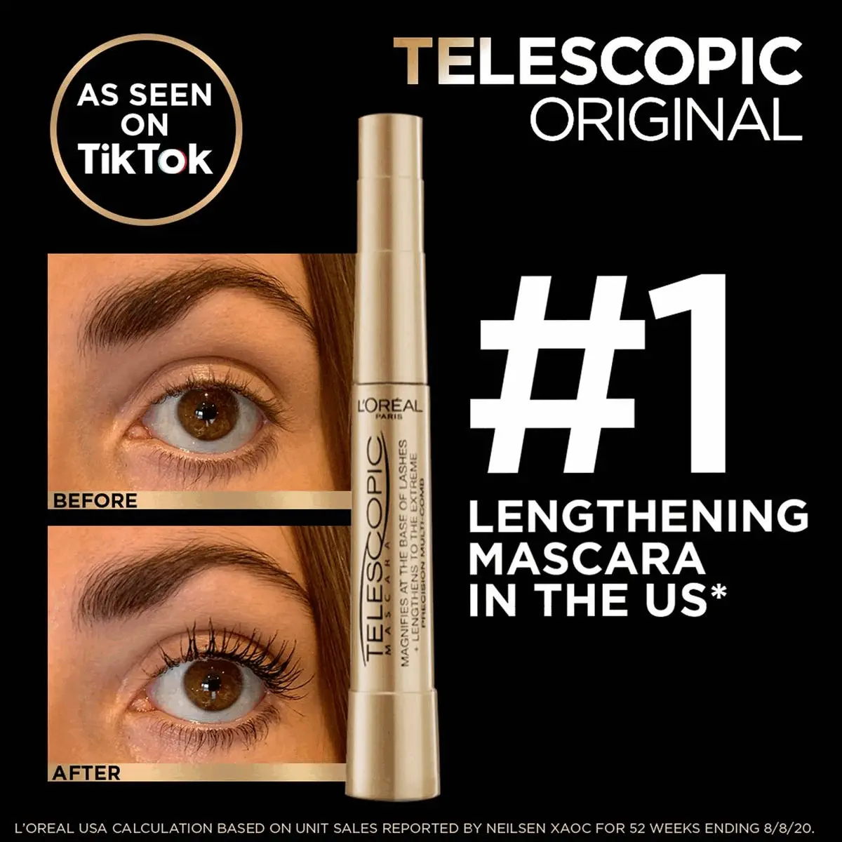 Image 1, as seen on tikok, telescopic original. Number 1 lengthening mascara in the US before and after. Image 2, before and after. Image 3, flexiable slim wand, precise lash by lash separation, clump free results. Image 4, step one = telescopic mascara, step 2 = perfect slim, step 3 = skinny definer.