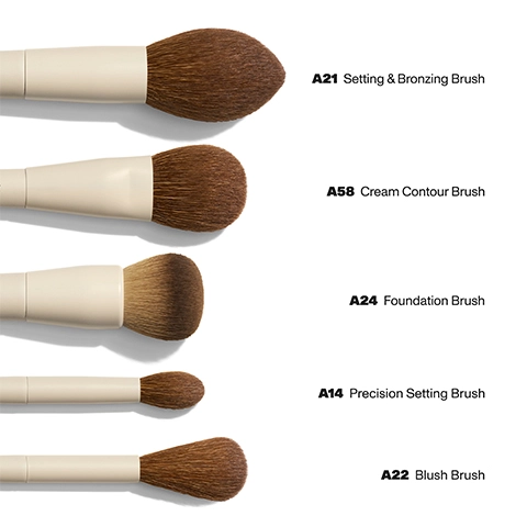 Imagery containing all various brushes in the set that includes the following: Setting and bronzing brush, Cream contour brush, Foundation brush, Precision setting brush and Blush brush