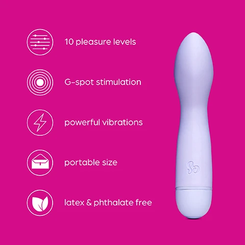 Image 1 - A purple vibrator is shown on a bright pink background, accompanied by icons and text indicating features: 10 pleasure levels, G-spot stimulation, powerful vibrations, portable size, and latex & phthalate free.
              Image 2 - An image of a curved-tip vibrator with a pink background, illustrating the curved tip with an arrow indicating its direction, accompanied by text stating the curved tip is perfect for hitting that elusive G-spot as well as clitoral stimulation.