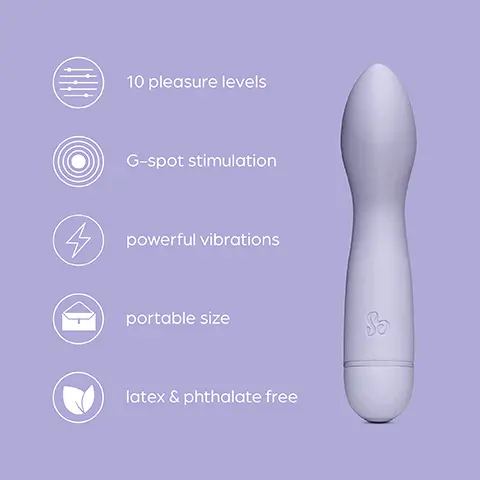 Image 1, 10 pleasure levels, G spot stimulation, powerful vibrations, portable size, latex and phthalate free. Image 2, curved tip. the curved tip is perfect for hitting that elusive G-spot as well as clitoral stimulation