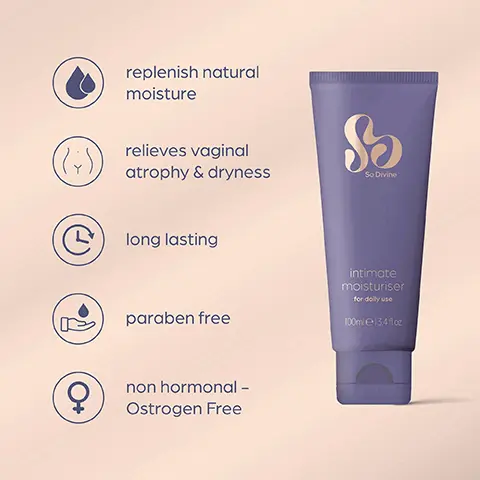 Image 1, replenish natural moisture, relives vaginal atrophy and dryness, long lasting, paraben free, non hormonal - ostrogen free. Image 2, replenish moisture, an essential part of your daily self care routine to maintain vaginal health