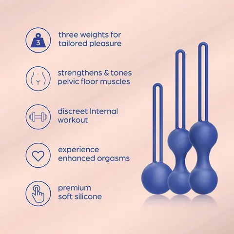 Image 1, three weights for tailored pleasure, strengthens and tones pelvic floor muscles, discreet internal workout. experience enhanced orgasms, premium silicone. Image 2, individually weighted, choose from three internal weights for a varied workout.