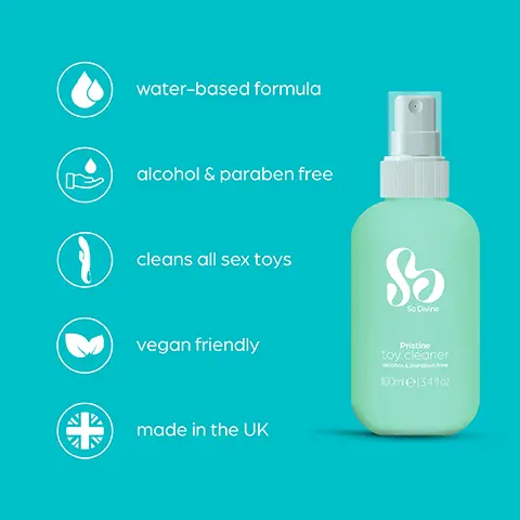 Image 1, water based forumla, alcohol and paraben free, cleans all sex toys, vegan friendly, made in the UK. Image 2, anti-bacterial cleaner, the water based formular is safe to use on all sex toys and is alcohol free.