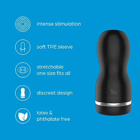 Image 1 - A black, ergonomic male masturbation sleeve is shown on a blue background, alongside labeled features including intense stimulation, soft TPE sleeve, stretchable one size fits all, discreet design, and latex & phthalate free.
              Image 2 - An image of a black male masturbation device with a cutaway view showing the ultra-soft inner sleeve, accompanied by text that reads Intense stimulation Designed for all sizes, the ultra-soft inner sleeve adds a new dimension to solo play.