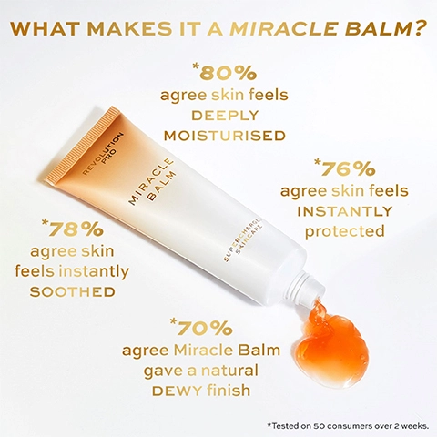 WHAT MAKES IT A MIRACLE BALM?
              *80% agree Skin feels MOISTURISED
              *76% agree Skin feels INSTANTLY protected
              *78% agree skin feels instantly SOOTHED
              *70% agree Miracle Balm gave a natural DEWY finish
              *Tested on 50 consumers over 2 weeks.
