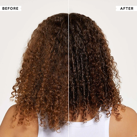 Image 1 - A split image shows a persons curly hair from the back, with the left side labeled BEFORE showing lighter brown, less defined curls and the right side labeled AFTER showing darker, shinier, more defined curls. Image 2 - A white tube of Philip Kingsley Elasti-Styler Multi-tasker for all hair types Soin multi-action pour tous types de cheveux 5-IN-1 TREATMENT TRAITEMENT 5-EN-1 100ml 3.38 fl oz is displayed alongside a list of KEY INGREDIENTS including BABASSU OIL Conditions and nourishes, OLIVE OIL Helps hair look shiny and healthy, and PHYTOLASTIN Helps hair retain moisture. Image 3 - A hand with light pink nails holds a white tube of Philip Kingsley Elasti-Styler hair treatment, with usage instructions on the left reading ELASTI-STYLER: HOW TO USE 1. Work a pea-sized amount through towel-dried mid-lengths and ends. 2. Blow dry and style as usual. Can also be used on dry hair to tame flyaways. The tube label also states PHILIP KINGSLEY ELASTI-STYLER Multi-tasker for all hair types Soin multi-action pour tous types de cheveux 5-IN-1 TREATMENT TRAITEMENT 5-EN-1 100ml 3.38 fl oz.