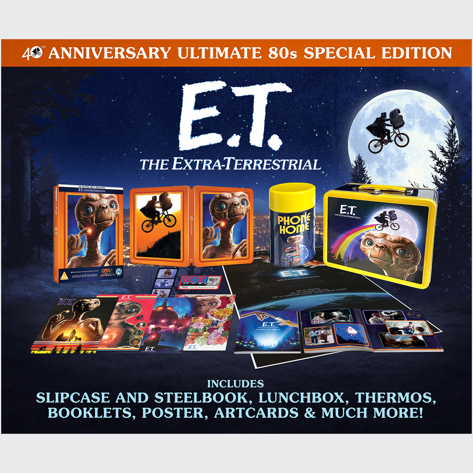 Image showing all the content of the Steelbook set. Text on the image reads 40th anniversary ultimate 80s special edition. E.T. The Extra-Terrestrial. Includes slipcase and steelbook,lunchbox, thermos, booklets, poster, artcards and much more!
