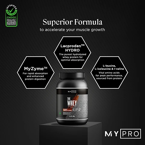 image 1, superior formula to accelerate your muscle growth. lacproden hydro = the purest hydrolyzed whey protein for optimal absoprtion. myzyme = for rapid absorption and enhanced protein digestion. l-leucine, l-isoleucine & l-valine = vital amino acids for peak perfomance, sourced from protein. image 2, my pro expertly crafted to ignite your progress. 23g protein per serving. 0 added sugar. 3g of car under 1G of fats. image 3, my pro decadent chocolate - tailored for peak performance.