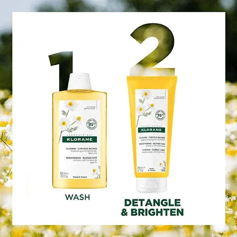 Image 1, wash and detangle and brighten. Image 2, 85% ingredients of natural origin, without ingredients, from 3 years old, 100% recycled bottle