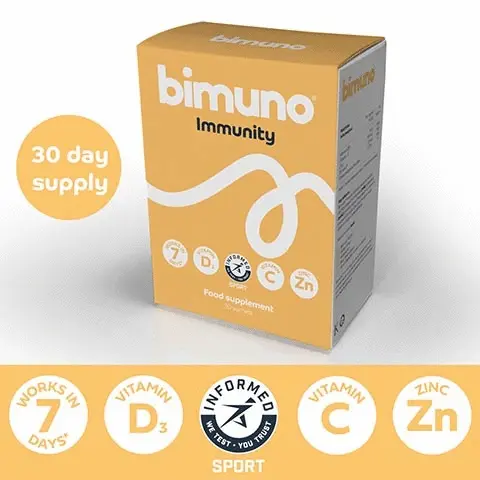 30 DAY SUPPLY WORKS IN 7 DAYS Vitamin D3 Informed we test you trust sport Vitamin C Zinc Zn. Support your immune system Vitamin D3 Vitamin C Zinc Zn Providing 100% of your recommended daily intake of vitamins D3,C AND ZINC. Working in 7 days Bimuno GOS in backed by over 100 publications and more than 20 independent scientific studies.
              Nutrition Information:
              Per sachet (3.659)
              Energy 41.5k/ 10.1 kcal
              Fibre 2.09 BIMUNO 2.75 9 Bimuno Galactooligosaccharides
              Directions for use Bimuno Original is a taste-free powder Add it to tea, coffee or water, or even sprinkle it over food.
              Recommended daily intake Adults and children 4 years of age and over: Take 1 sachet daily 3.659.
              Ingredients: Bimuno® Powder (Galactooligosaccharides (GOS) derived from lactose (milk), galactose (milk)). Allergens are in bold.
              If you have a sensitive stomach, take 12 a sachet for 7-10 days. If well tolerated increase to 1 sachet.
              No preservatives No artificial flavourings & colours
              Do not exceed the recommended daily intake (1 sachet).
              Store in a cool dry place below 25°C out of sight and reach of children.
              Bimuno® Original is a high fiore food supplement which is intended to supplement the diet and should not be regarded as a substitute for a varied diet and healthy lifestyle
              Children should be supervised when taking this product.
              30x3.659 =109.59